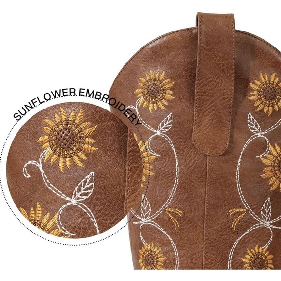 Cowboy Boots for Women Retro Pointed Toe Pull On Block Chunky Heel Embroided - Picture 3 of 5